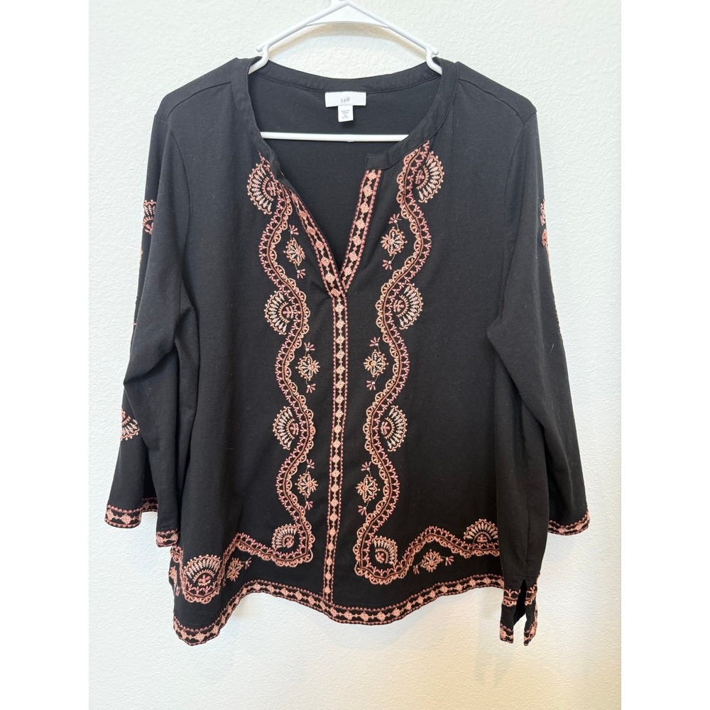 J. Jill Women's Black Pink Embroidered V Neck Boho Western Tunic Top XL Petite